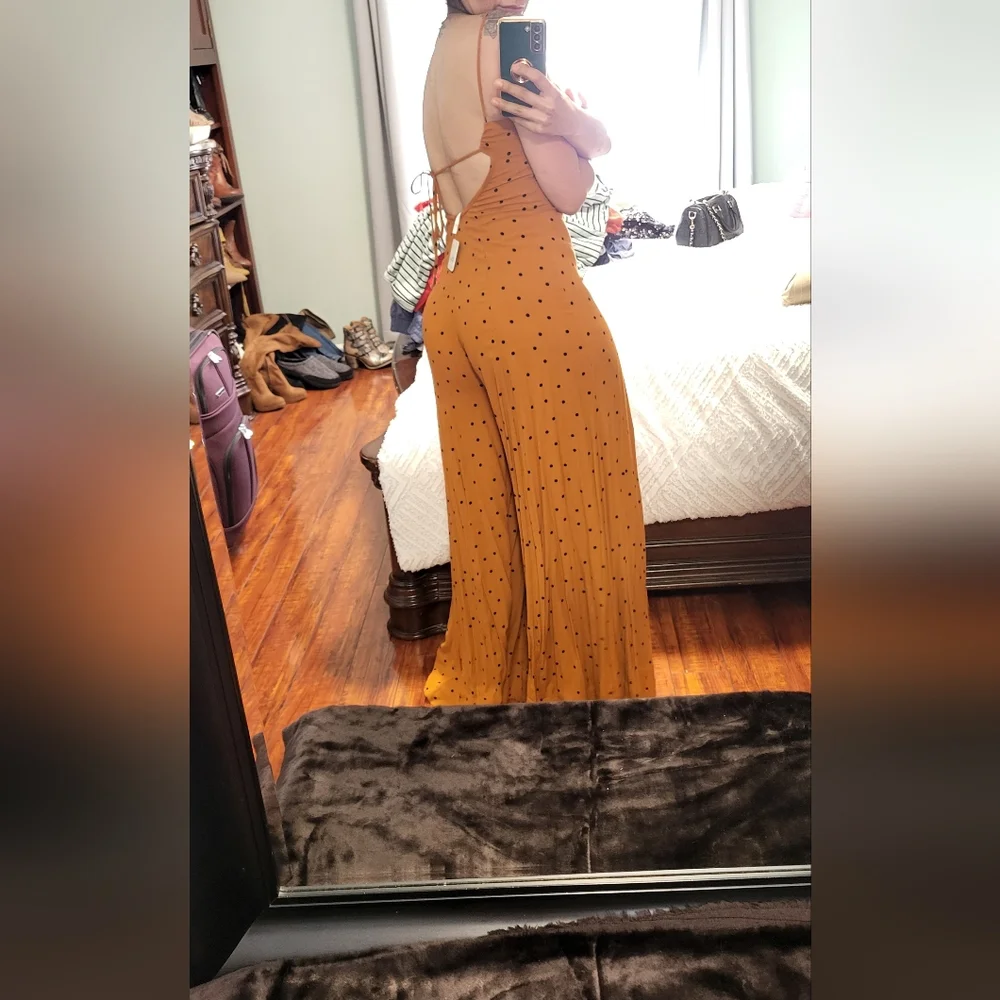 Free People Jamboree Jumpsuit Rust Combo Polka Dot Strappy Wide Leg xsmall - Picture 12 of 16